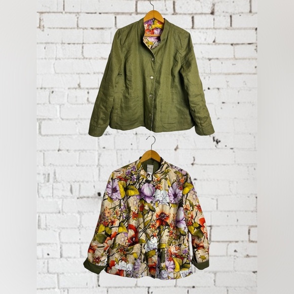 Chico’s Jacket 100% Linen Reversible Green Floral Minimalist Boho Luxury Resort - Picture 1 of 16